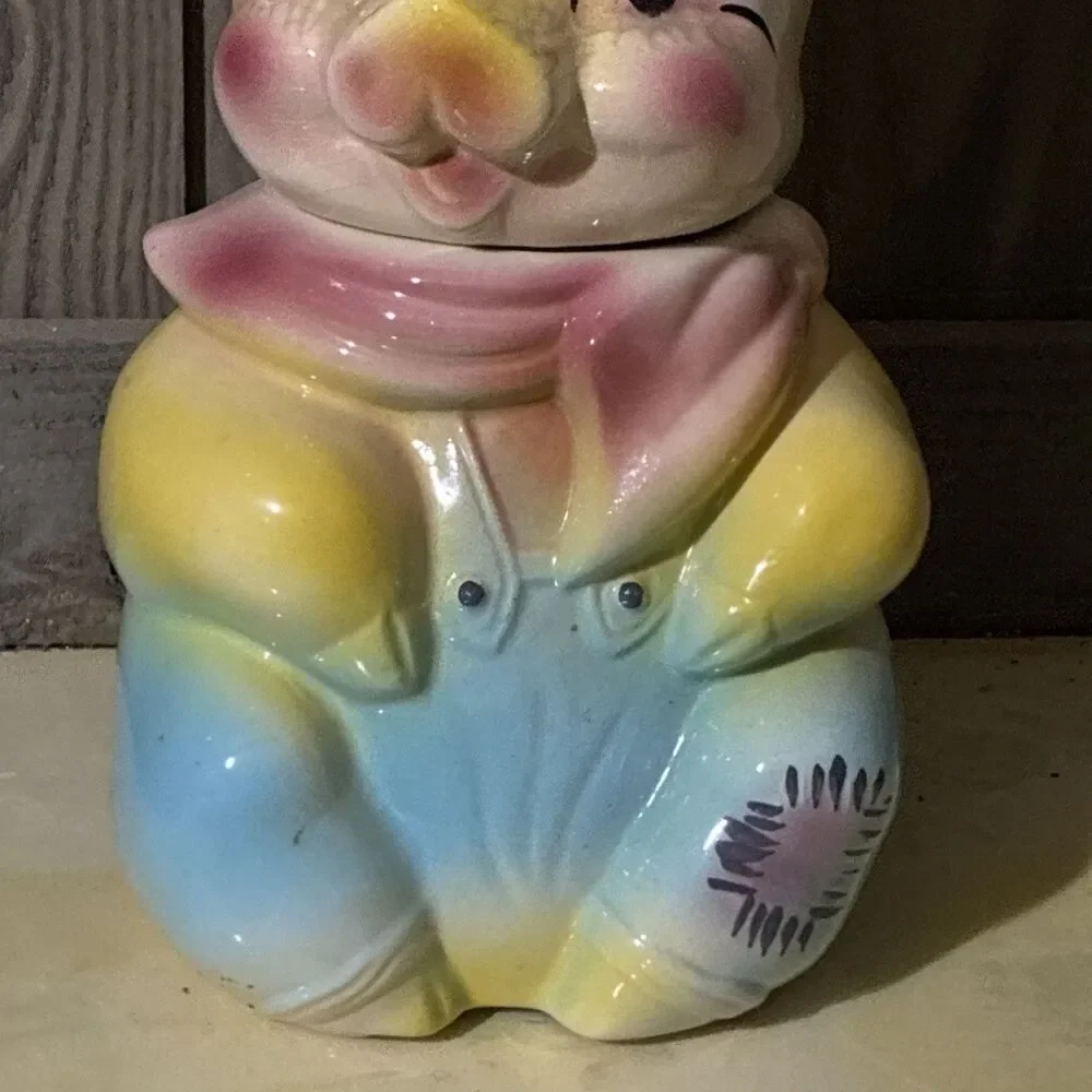 Vintage American Bisque Pig Cookie Jar Boy Blue Yellow Pink Overalls